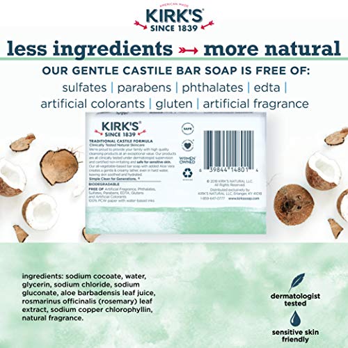 Kirk's Castile Bar Сапун Чист сапун за мъже, жени и деца | Кокосово масло премиум клас | Веганская формула за чувствителна кожа | с успокояващо алое вера | 4 унции. Барове - 6 опа