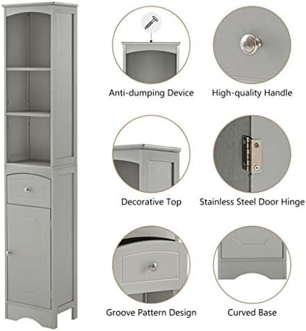Отделно Стоящ Шкаф за съхранение на Баня QUUL с чекмеджета от МДФ с Регулируеми Рафтове Висок Шкаф за Баня, Сив Цвят
