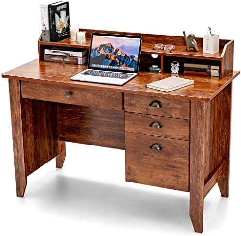 Компютърна маса DINGZZ за КОМПЮТЪР, лаптоп, писмено маса, работна станция, античен кафяви бюро с чекмеджета и рафтове