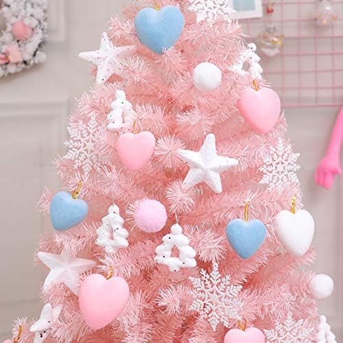 Изкуствена Коледна елха YUMUO, 5-Подножието Коледно Дърво с Украса, Бяла Метална Стойка и Прозрачни Мини-Гирлянди Розова 210 см