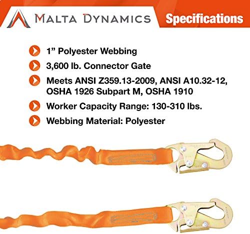 Вътрешен амортизирующий кабел Malta Dynamics 6' Single Leg Stretch с 1 кука от арматура и 1 Стоманена защелкивающимся кука, съответстващ на изискванията на OSHA / ANSI
