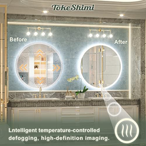 TokeShimi 36-Инчов led Кръгло огледало за баня и за тоалетна масичка, 6000 До с регулируема яркост, CRI 90 +, IP54 Водонепроницаемое,