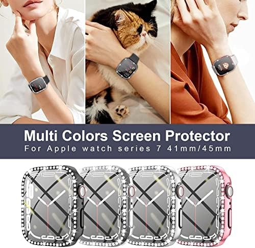 Комплект от 2 теми, лъскав калъф за Apple Watch Series 8 Series 7 41 мм с вграден предпазно фолио, изработени от закалено стъкло, твърд pc JZK с пълно покритие, калъф с декорация във ф?