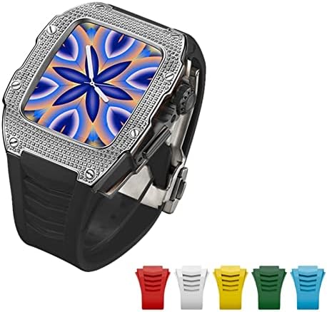 AEMALL Комплект от титанова сплав, подобрен калъф, изработени от въглеродни влакна за Apple Watch, каишка 45 мм 44 мм, Луксозна диамантена калъф + 6 бр. каишка за Iwatch серия 7 6 5 4 SE