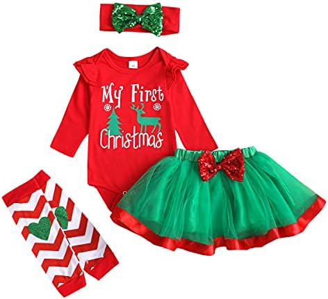 IQREENY/ Облекло За бебета Момичета, Моят 1-ия Коледен Боди + Пола-пакет + Гамаши + Превръзка на главата със заек, Коледни Комплекти
