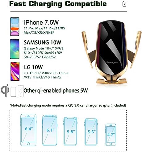 Безжично Зарядно за Кола LUKKAHH R2, Държач за мобилен телефон с автоматичен скоба, Бързо зарядно Qi Мощност 10 W, Съвместим iPhone 13/12 Pro/11 Pro Max/XS/XS Max/X/8/8+ Samsung Note20Ultra/S22/S21/S20 (Злат?