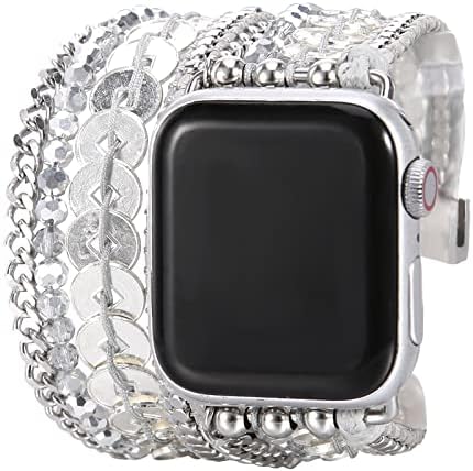 Гривна за часа BOKIIWAY Boho, съвместим с Apple Watch серия 8/7/6/5/4/3/2/1 / SE – watchband впечатлява със своя бохемски стил за жени – Сплетен кожена каишка ръчно изработени с кристални м