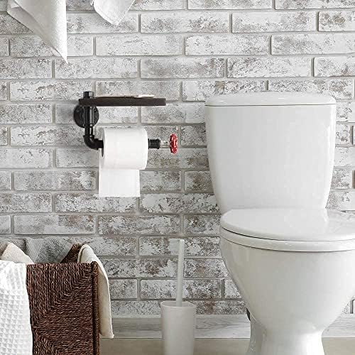Държач за тоалетна хартия HAITRAL с рафт - 2 опаковки Стенен Държач за Кърпички за Баня, баня с Тоалетна с Дървен рафт и Чугунени тръба-Черен
