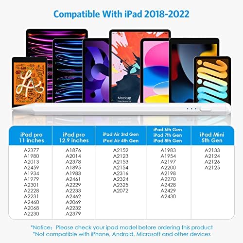 Стилус за iPad - Отклонение на ръката си и бързо зареждане - Apple Молив е Съвместима с (2018-2022) iPad 9-то поколение, Mini 5/6, Pro (11/12,9 инча), Air 3/4/5