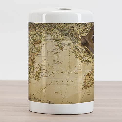 Керамични Държач за четка за зъби Ambesonne с карта на света, на Старата Карта, Показваща Местоположението, за да Океанскому Компас, Ретро-пътуване, Декоративна Универс?