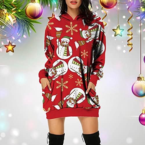 Amiley Christmas-Crewneck-Hoody Коледно - Hoody с принтом, Върхове с джобове и дълги ръкави, Коледни Свитшоты за жени с шарени (Червен,