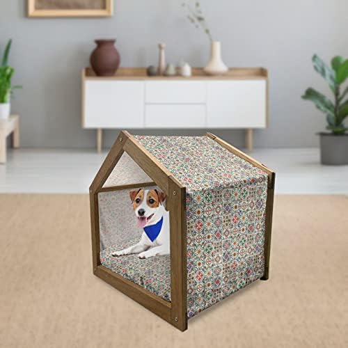 Дървена Къщичка за домашни любимци с геометричен Модел, Вдъхновен от португалски Керамични Модел Азулехо, Традиционна Мозайка, Преносим Конура за кучета на открит