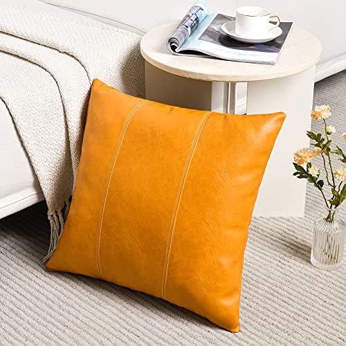 Fancy Homi 2 Опаковки, Декоративни Калъфки за възглавници от Изкуствена кожа Горчично-Жълт цвят 18x18 Инча за разтегателни дивана
