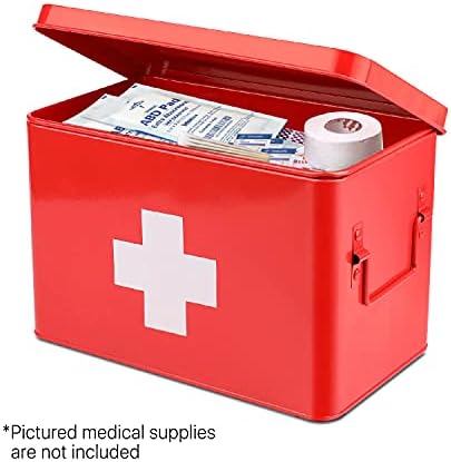 Flexzion Аптечка за Първа помощ, Органайзер за аксесоари, 13 , Червено Метална Tin Кофа за съхранение на Лекарства, Твърд Калъф