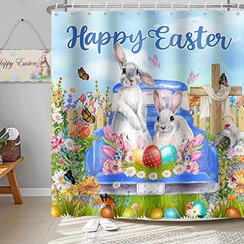Великден Завеса за душ за Баня, Честит Великден Бъни с Яйца Завеса за Душ От Плат с Пролетни цветя и Пеперуди Завеса за Баня Празнична