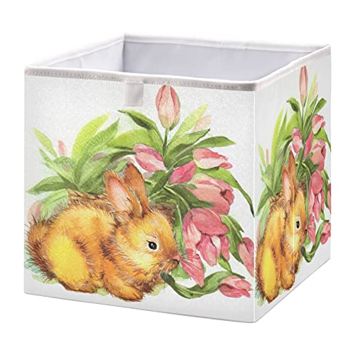 Бъни Rabbit Flower Happy Easter Cube Кошница за съхранение, сгъваеми кутии за съхранение, водоустойчив кош за играчки, органайзер за кубчета, кутии за детски играчки, етажерка за