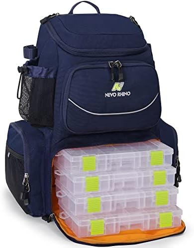 Раница за риболовни принадлежности NEVO RHINO с титулярите за удочек, 4 Кутии за принадлежности, Голяма Водоустойчива Чанта за Съхранение