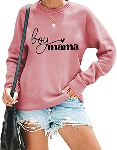 YIUIERE Hoody за жени Boy Мама с Писмото Принтом, Кръгло деколте и Дълъг Ръкав, Без Модерен Пуловер, Върхове