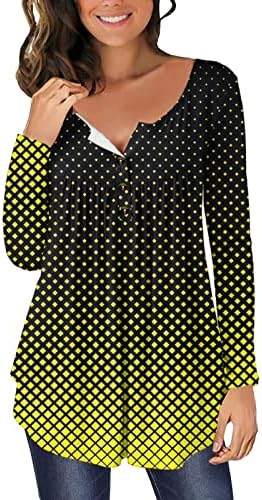 Дамски Блузи с дълъг ръкав, Елегантни Ежедневни Струящиеся Блузи копчета С V-образно деколте, Риза Henley, Туника с Градиентными рюшами във формата на Диамант В полка т