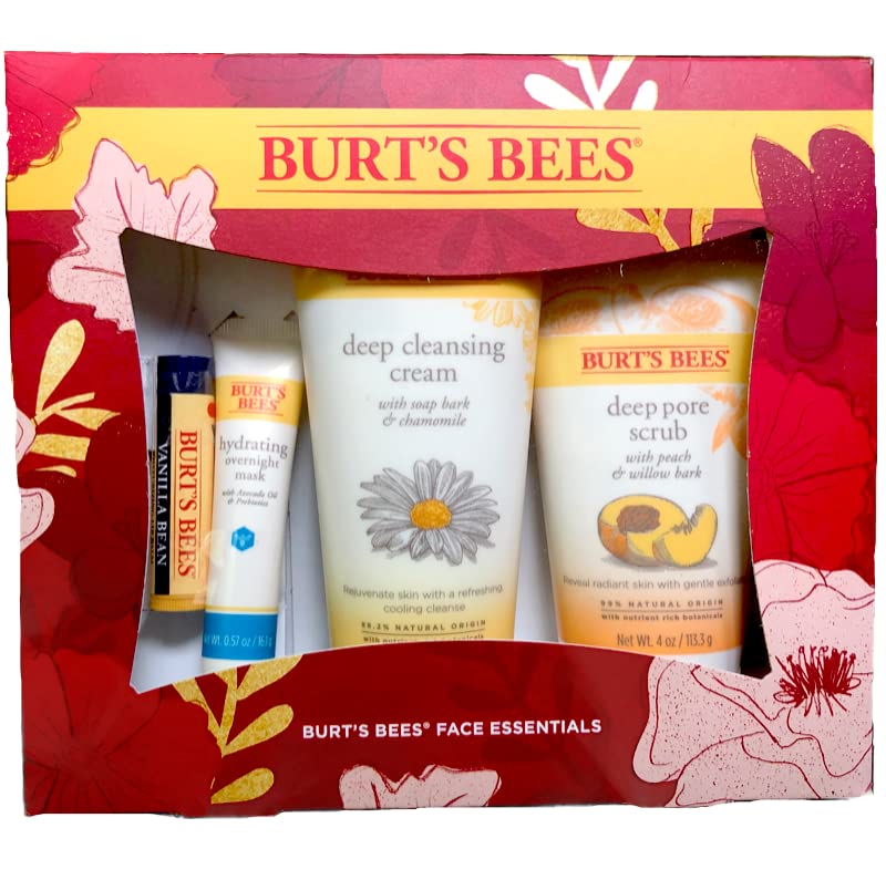 Бърт Bees Лице Essentials 4 бр. Есента Подаръчен комплект - Крем за Дълбоко Почистване, Пилинг За Дълбоко дълго, Хидратиращ Нощен Маска и Балсам за устни с ванилия боб