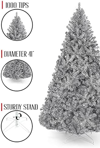 Идеалната празнична 6-инчов Метална Сребърна елха с гирлянди | 1000 Накрайници, 41 инча | Бяла метална стойка, (PVC-6SV)
