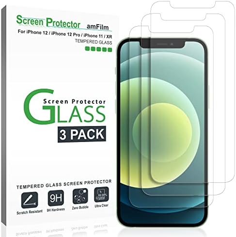 Защитно фолио amFilm Glass, която е съвместима с iPhone 12, дисплей на iPhone 12 Pro с Удобни инструменти за Монтаж чекмедже, Стъкло, 3 опаковки