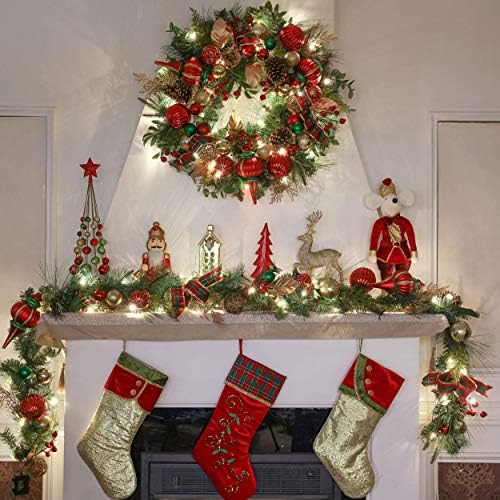 Severin Madelyn Традиционен набор от коледна украса в Зелено и Червено злато (4 предмета) |24-каратные 40-мм Топката декорации + 30-инчов Коледен венец с осветление + 9-подножиет