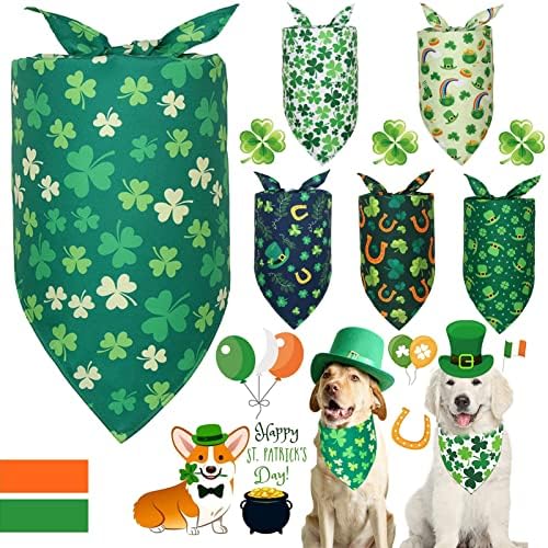 Кърпи за кучета в Деня на Св. Патрик - 6 опаковки Ирландска Детелина, Триъгълен Шал с Трилистником, Регулируеми Престилки за домашни