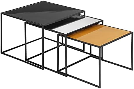 Мебелен Комплект от 3 Модерни Страничните части, Черна Метална Рамка, за Всекидневната, Апартамент, Офис Журнального Маса, черно-жълто-бял