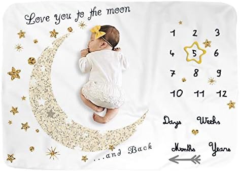 Детско одеало Monthly Milestone за момче и Момиче,Месечен Одеало за детски снимки, Детско Снимка Одеяло за новородени (Златна Луна, 40 х 60)