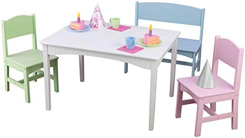 KidKraft Nantucket Дървена маса с Пейка и 2 стола, Многоцветен, Детски мебели - Пастелни тонове, Подарък на възраст 3-8 години