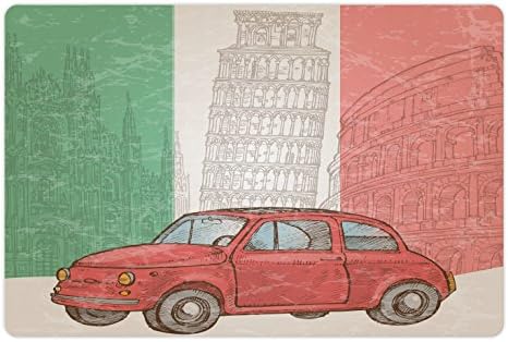 Foldout Подложка за домашни любимци с Италиански флаг за храна и вода, Туристическият обект кулата Популярна Европейска сцена с Мотив Стария си Автомобил, Правоъгълен