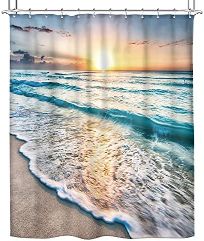 Riyidecor Ocean Beach Look Nature Scene Завеса за Душ за Баня Изгрева на Слънцето 60x72 Инча Крайбрежната Хавайски Лятна Морска Вълна Приморски Остров Комплект Синя Кърпа Водоустойчи?