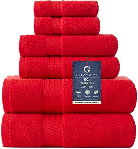 Комплект Червени Хавлиени Кърпи COZYART за Баня, Меки Силни Абсорбиращи Кърпи от Турски памук стойност 650 ГОРИВО, Комплект от 6, 2 Големи Хавлиени кърпи, 2 Кърпи за ръце, Г