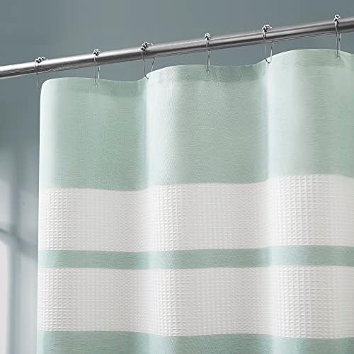 Топъл домашен дизайн, Бяла гофрети завеси за душ със зелени ивици плат. Всяка завеса за душ от вафельного лито е с размери 70 х