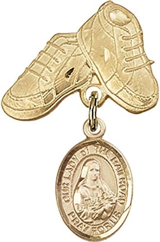 детски икона от Жълто злато 14 карата с талисман Богородица Железопътна и игла за детски сапожек размер 1 X 5/8 инча