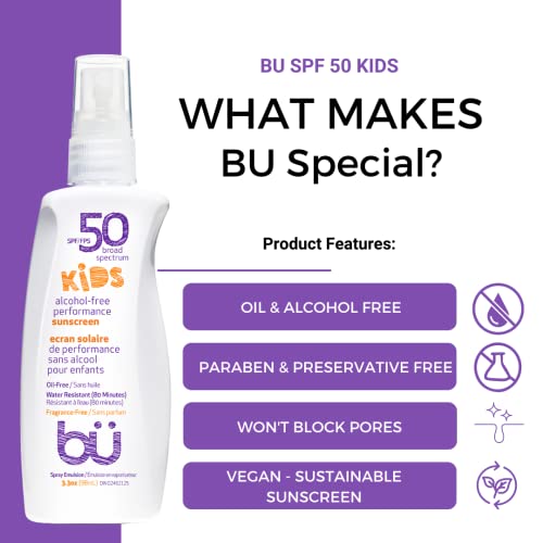 Слънцезащитен спрей BU SPF 50 за деца - Устойчив на пот и вода. Почистващ, Хидратиращ, Некомедогенен. Без масло, алкохол и насилие. Пътуване, Спорт, Чувствителна кожа.