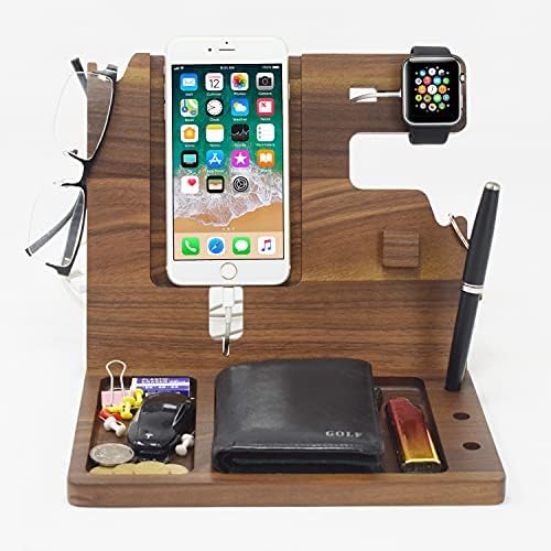 Зарядно устройство за телефон от истинско орехово дърво ONISM за мъже, Организатор на нощното шкафче с Държач за ключове, Поставки