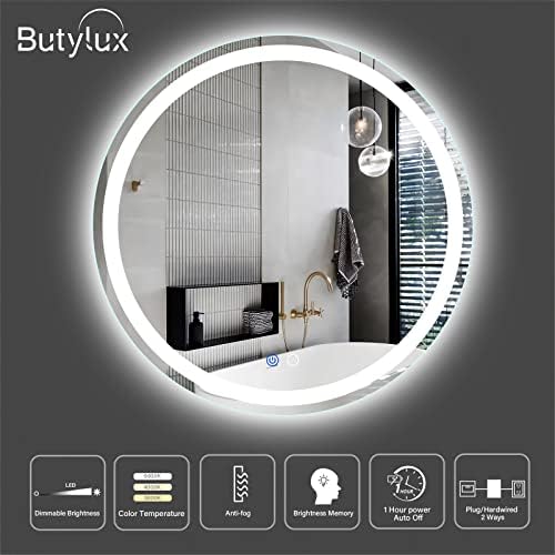 Butylux 24-Инчов Led Кръгло Огледало с осветление, Модерно Огледало за декор за Баня, Тоалетен Огледало с регулируема яркост от