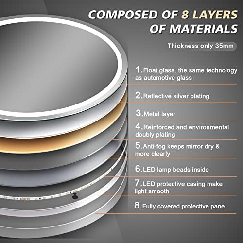 Dripex 28-Инчов led Кръгло Огледало за баня, 3 Цвята/ С регулируема яркост /Противотуманное Led Огледало за тоалетка Маси, Стенни Кръгло Огледало за грим, Водонепроницаемое