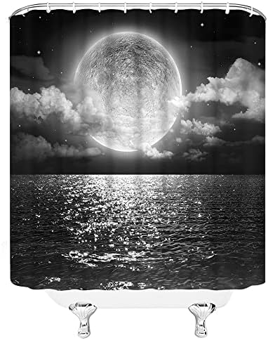 AYDSMYD Луната Завеса за душ Пълната Луна Над морето и Океана от Облаци Планета Звездното Небе Спокоен Нощен Сцена Черен Сив Бял