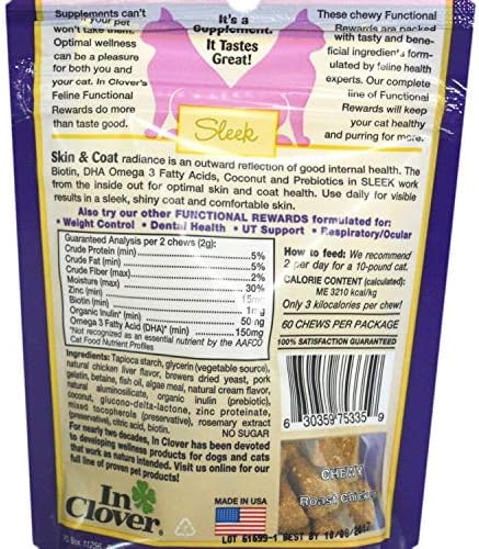 Меки дъвчащи смес за котки In Clover Sleek Daily за поддържане на кожата, козината и бучки на вълната (2,1 грама) и Flow Soft Chews