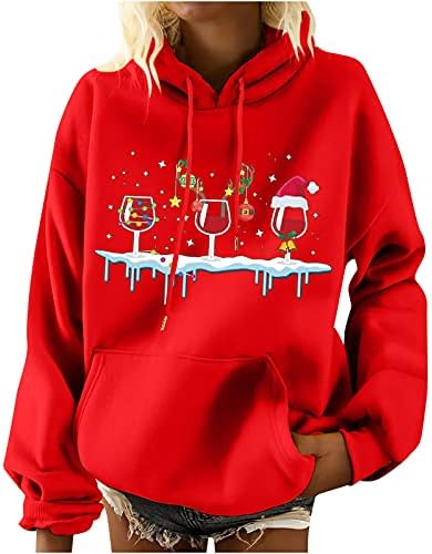 Дамски свободни чаша с качулка Коледа новост печатни drawstring пуловер блузи с дълъг ръкав hoody