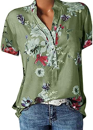 Andongnywell/ Дамски Ежедневни Ризи с Флорални принтом, V-образно деколте, Къс ръкав, Блузи, Свободни Блузи, Риза с V-образно деколте и принтом