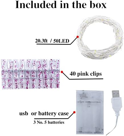 Венец за снимане на УО GARZIO-50LED 20 фута, венец двойна употреба с батерия и USB, топло бяла венец-фея Украсява спалнята си 40 розови клипове