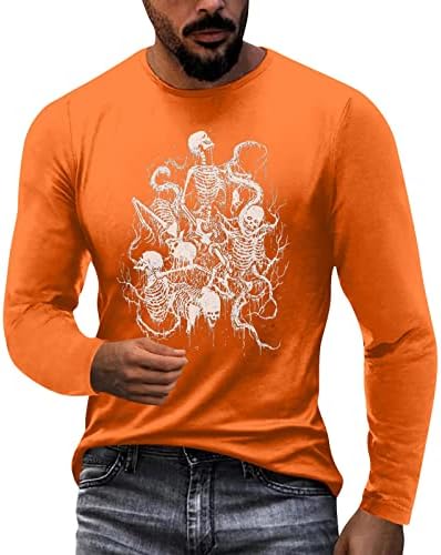 XXBR Тениски на Хелоуин за мъже, Мускулест Принт Скелет с Дълъг Ръкав, Забавен Графичен Кръг Силует, Тренировочная Дизайнерска Тениска