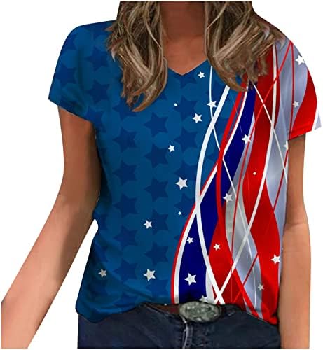 Дамски Памучен Блуза с V Образно Деколте и Образа на Американския Флаг и Звезди, Тениска за Късна Закуска, Дамски Есенно-Годишната