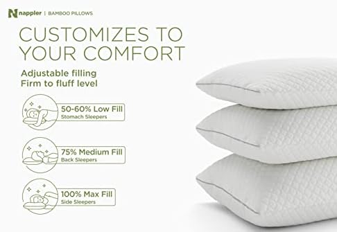 Nappler Bamboo Pillow Queen Premium - Поддържаща Дишаща Регулируема Късчета пяна с памет ефект - Възглавница със средна плътност