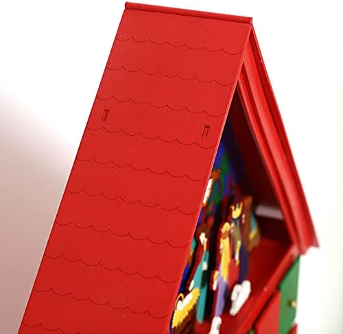 Коледен Дървена Адвент-календар PIONEER-EFFORT, Вертепная на сцената, Голяма Къща с чекмеджета и led крушки (червен)