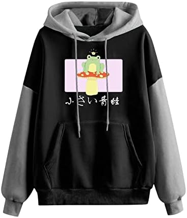 Hoody За Жени Сладък Жаба Печат Цвят Мозайка С Дълъг Ръкав Дантела С Качулка Пуловер Свободен Джоб Блуза, Блузи